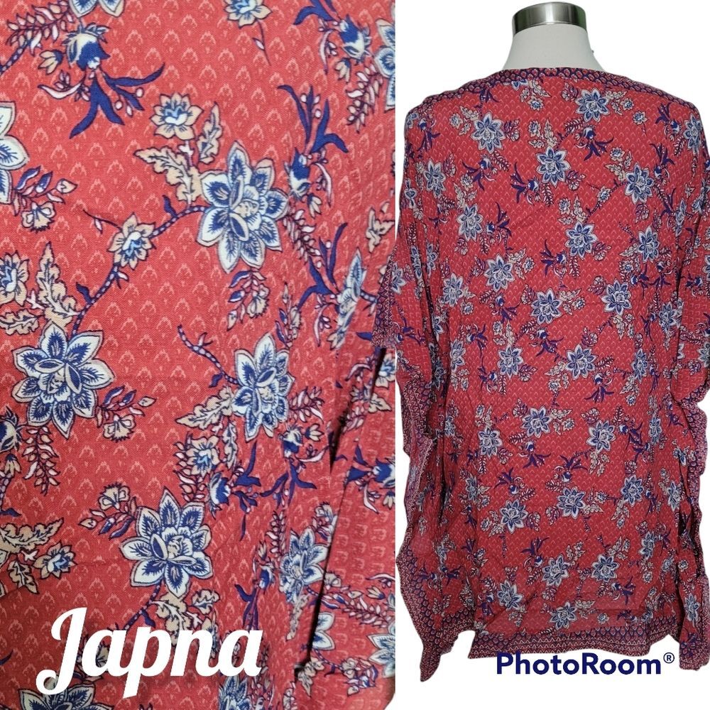 JAPNA Red & Blue Floral OF Kimono - One Size